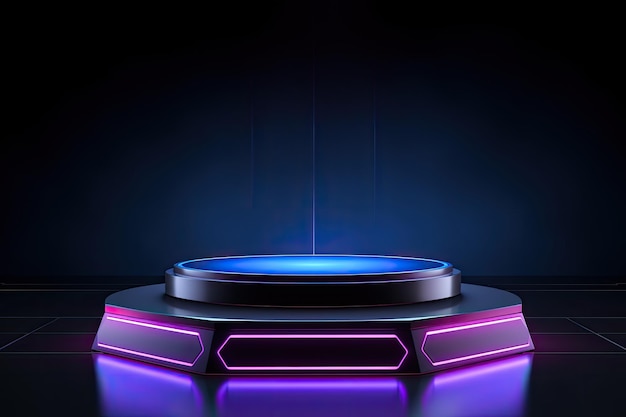 Photo 3d futuristic neon light round product stage podium with black background mockup