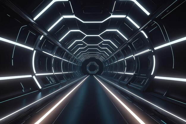 3D futuristic tunnel with glowing lines on a dark background Generative ai