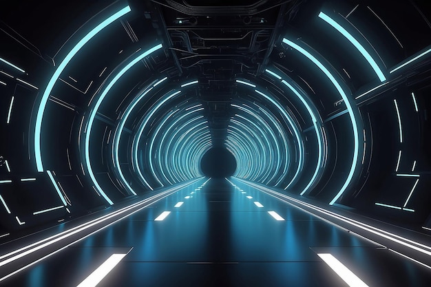 3D futuristic tunnel with glowing lines on a dark background Generative ai