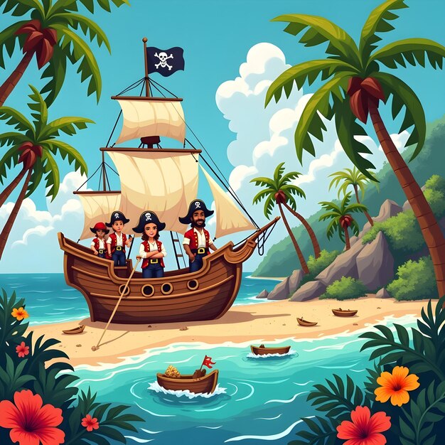 Photo 3d game design with wonderful island and pirate ship