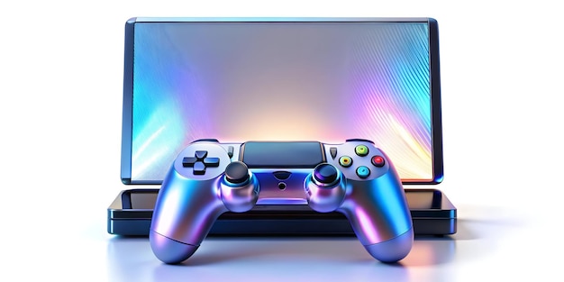 3D Gaming Console with Holographic Controllers concept as Vertical shot of a gaming console standing