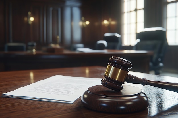 3D Gavel and Court Document on a Table in a Courtroom