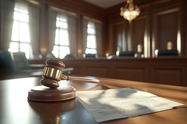 3D Gavel and Court Document on a Table in a Courtroom