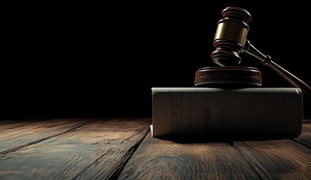 3D Gavel and Court Document on a Table in a Courtroom