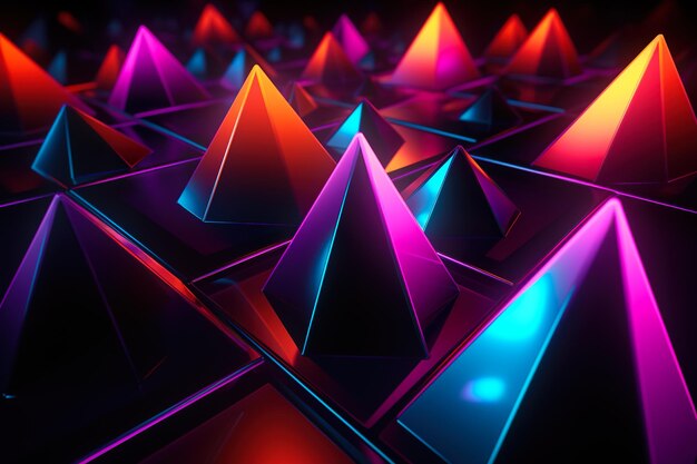 Photo a 3d geometric abstraction with a neon color scheme the shapes are pyramids and tetrahedrons