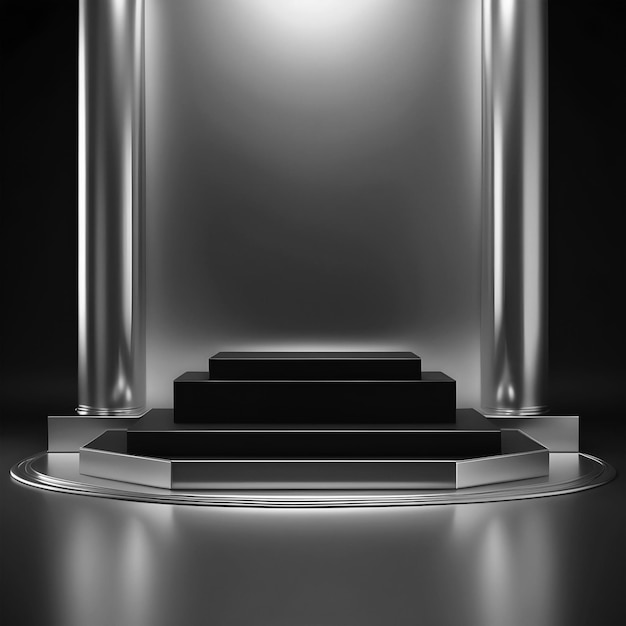 3d Geometric metallic black staircase product display mockup pedestal stair on metal background