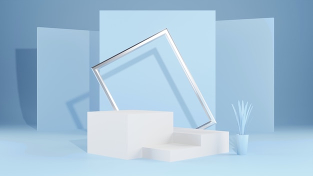 3d geometric shape form rendering in minimal scene podium showcase, shop front, display mockup case and stage for cosmetic premium product presentation placement with empty blank space.