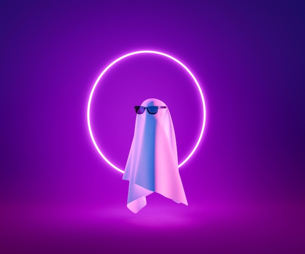 3D ghost with neon ring against purple background