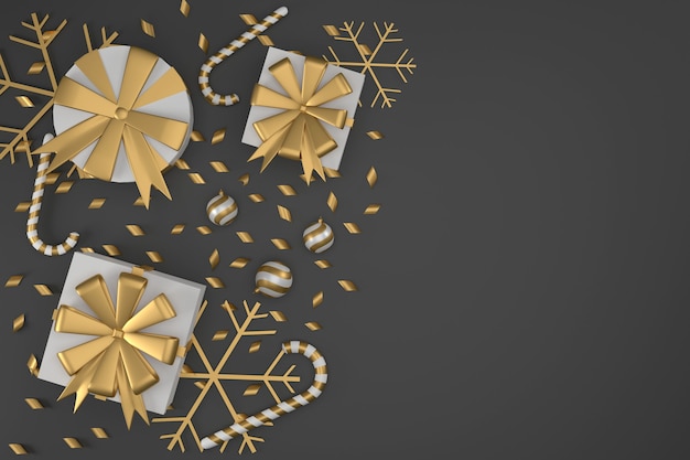 3D. Gift box and gold ribbon with golden snowflakes on a black background