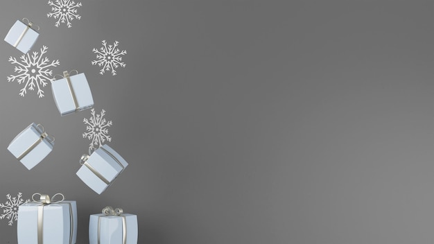 3D Gift Boxes With Snowflakes Decorated On Gray Background And Copy Space