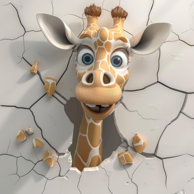 Photo 3d giraffe cartoon charactor popping out of cracked wall white ceramics wallbright blue eyes photography ar 11 job id 40ece6749c5e4df48e6e98b10f4aa92d