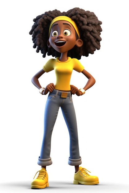 A 3D girl cartoon character with a yellow shirt and jeans stands in front of a white background