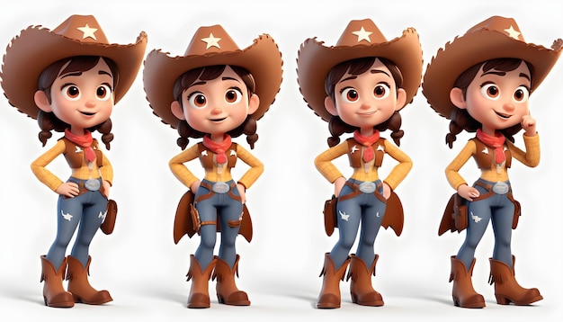 Photo 3d girl cowboy girl character set