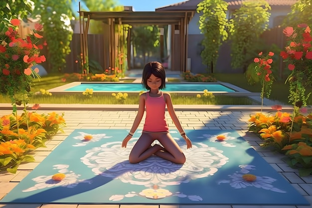 3D Girl Doing Youga in Garden on Yoga Mat Ai Generated