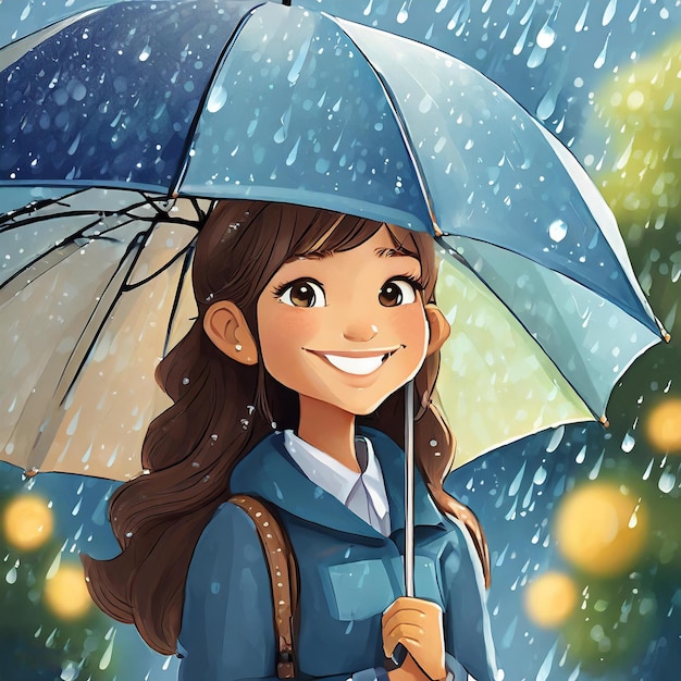 a 3d girl rainy day with umbrella