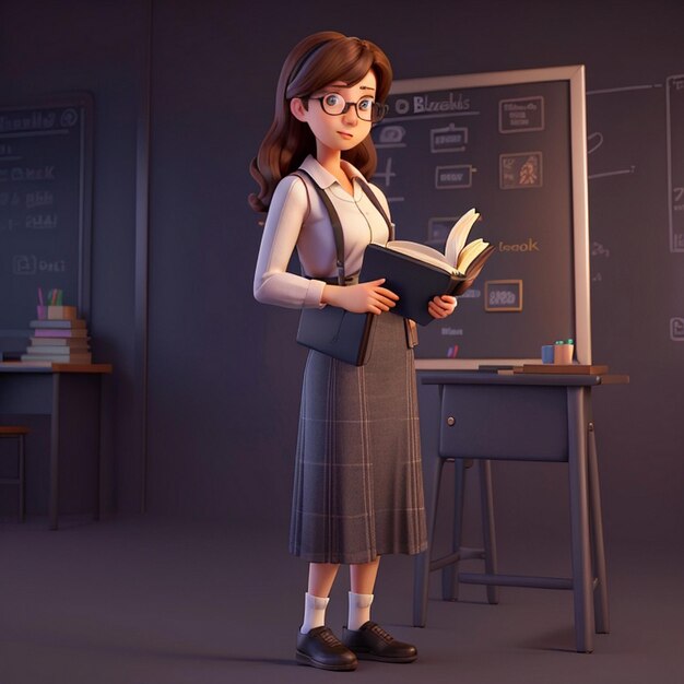 3d girl teacher standing in front of a blackboard holding a book and looking