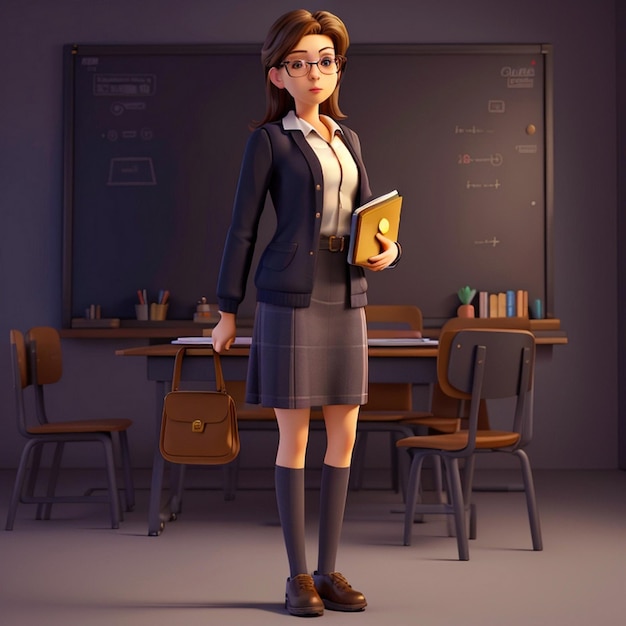 3d girl teacher standing in front of a blackboard holding a book and looking