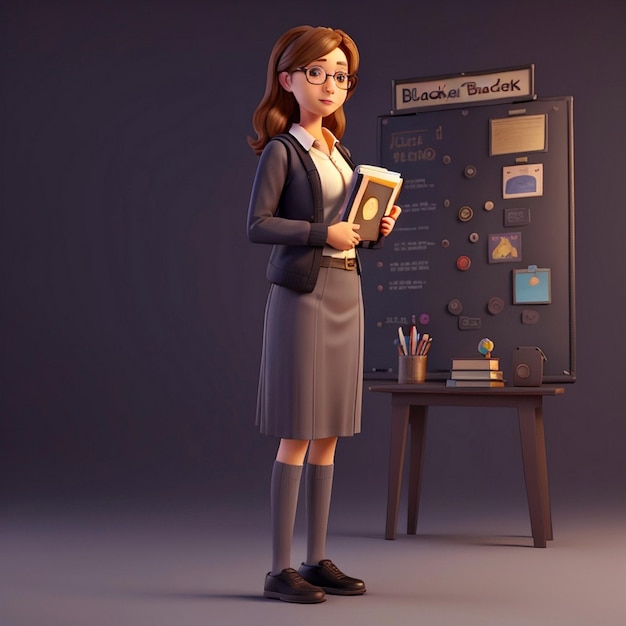 3d girl teacher standing in front of a blackboard holding a book and looking