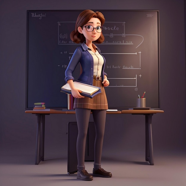 3d girl teacher standing in front of a blackboard holding a book and looking