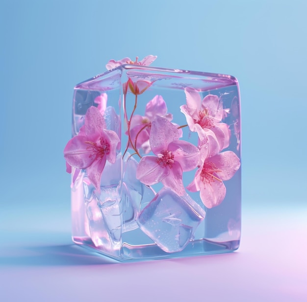 3D glass cube with pink flowers on a blue background