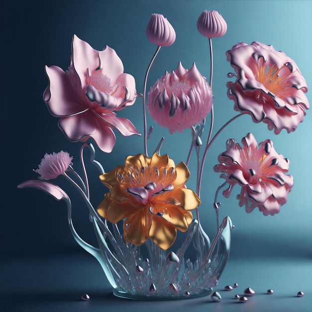 3D Glass Flowers On A Bright And Smooth Background created with Generative AI technology