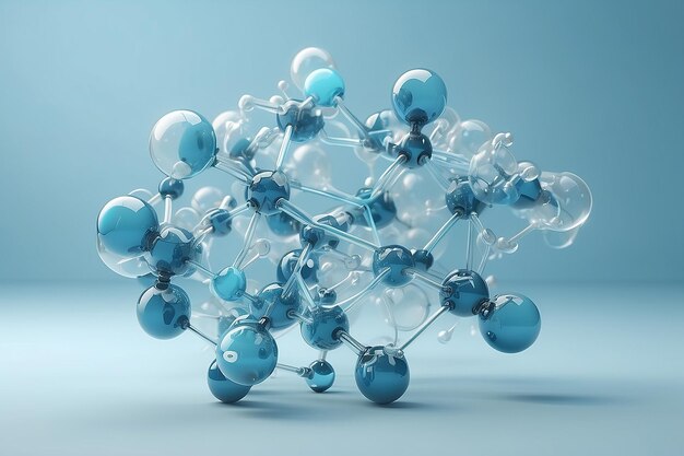 3d glass molecule or atoms on light blue background Suitable for biochemical