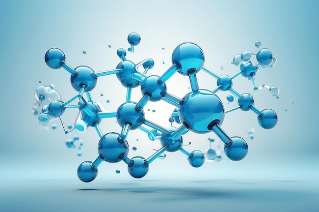 3D glass molecules or atoms on light blue background Concept of biochemical