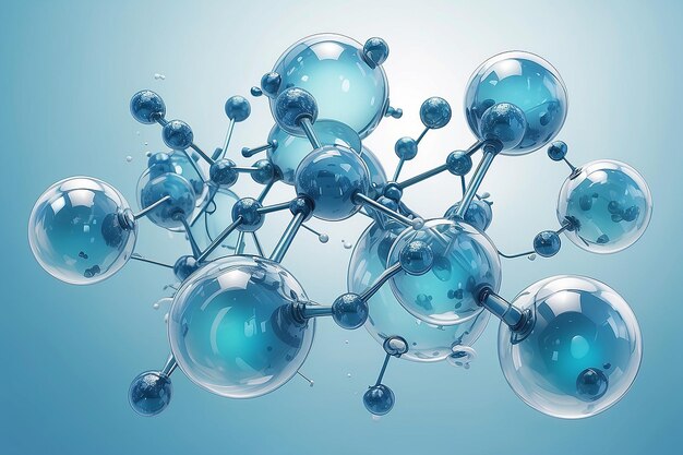 3D glass molecules or atoms on light blue background Concept of biochemical