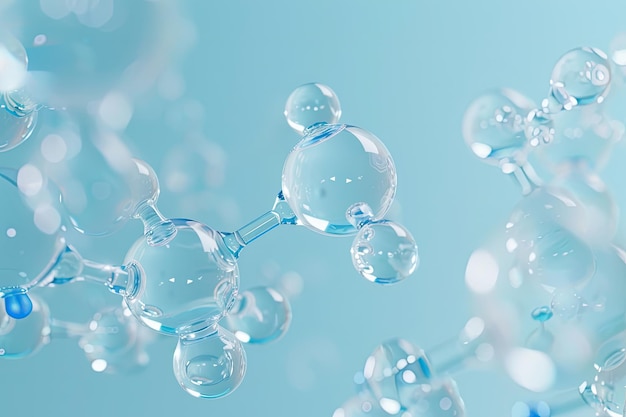 3D Glass Molecules on Light Blue Background for Science and Medical Concept