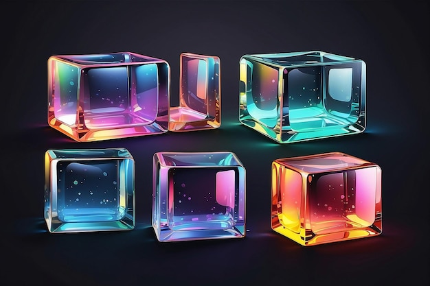 Photo 3d glass square shapes set with refraction and holographic effect isolated on black