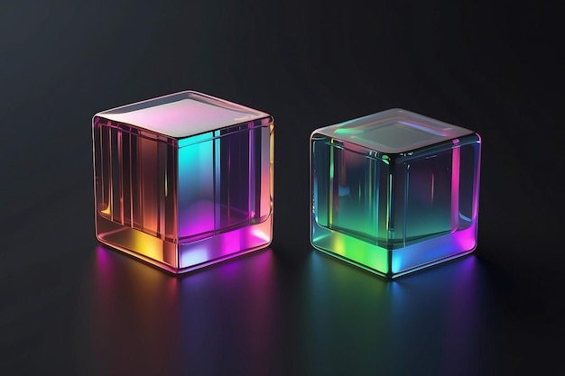 Photo 3d glass square shapes set with refraction and holographic effect isolated on black