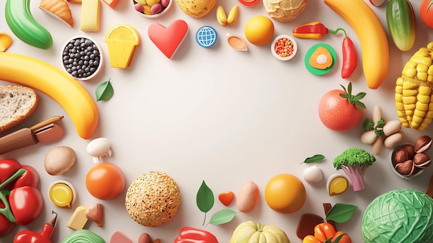 3D global food icons neatly arranged for World Food Day flyers