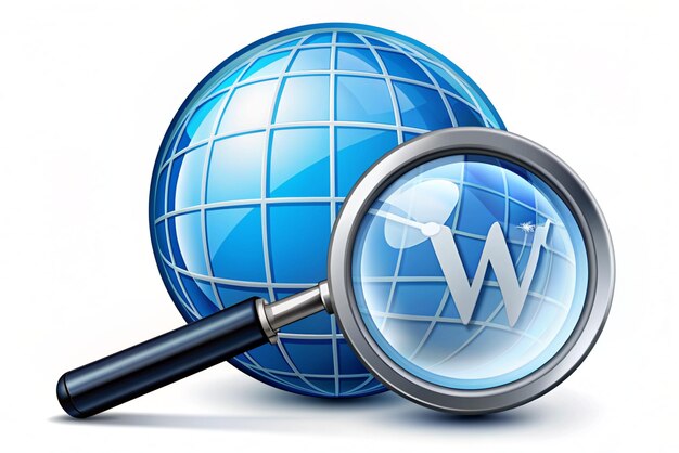 Photo 3d globe hyperlink icon and magnifying glass search www sign web hosting technology browser search website page trendy and modern vector in 3d style