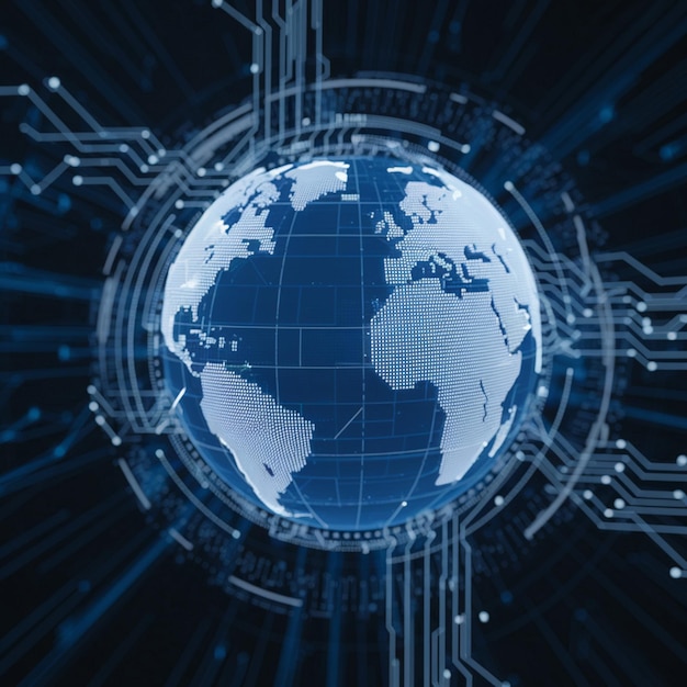 3D globe surrounded by abstract shapes representing global data networks