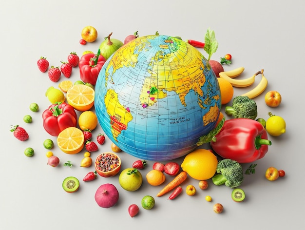 3D globe with fruits and veggies scattered for World Food Day