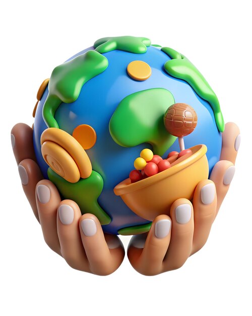 Photo 3d glossy abstract art for world food day concept with diverse hands holding globe and abstract food