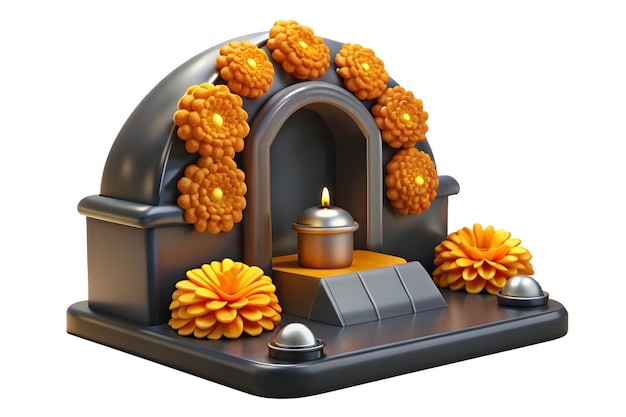 3D Glossy Altar with Reflective Marigold Petals concept as A wide shot of a glossy altar covered wit