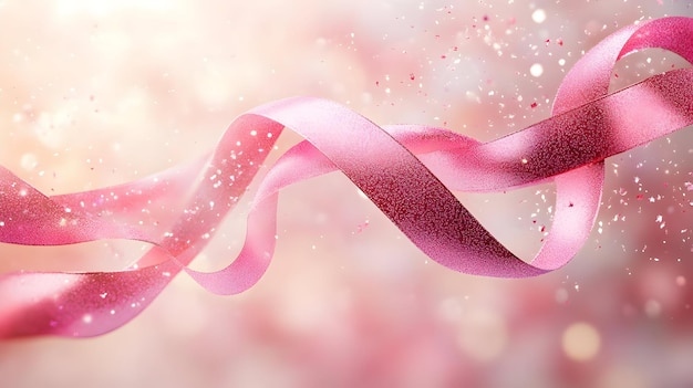 Photo 3d glossy background with floating pink ribbon and sparkles over a soft gradient creating an uplifti