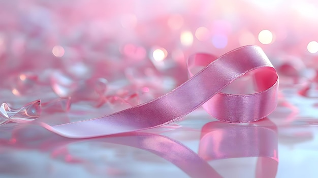 3D Glossy background with a pink ribbon gently resting on a glassy surface with light reflections cr