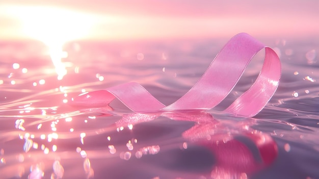 3D Glossy background with a pink ribbon gently resting on a glassy surface with light reflections cr