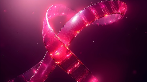 Photo 3d glossy background with a ribbon intertwined with a glowing dna strand representing breast cancer