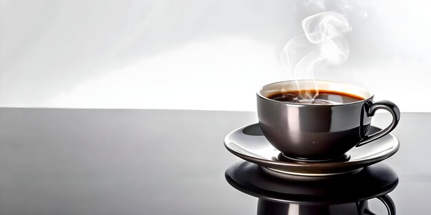 Photo 3d glossy black countertop with a steaming coffee cup and subtle light reflections concept as a clos