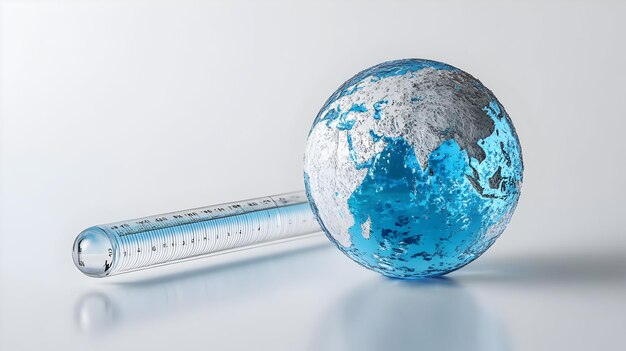 Photo 3d glossy globe and thermometer with holographic climate data floating above concept as a high angle