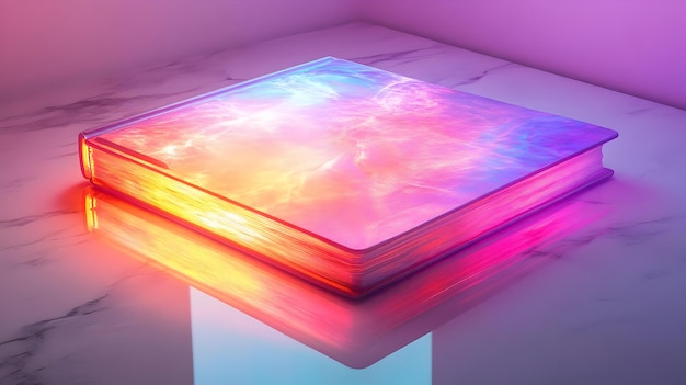 3D Glossy holographic notebook on reflective table concept as A glossy notebook with a holographic c