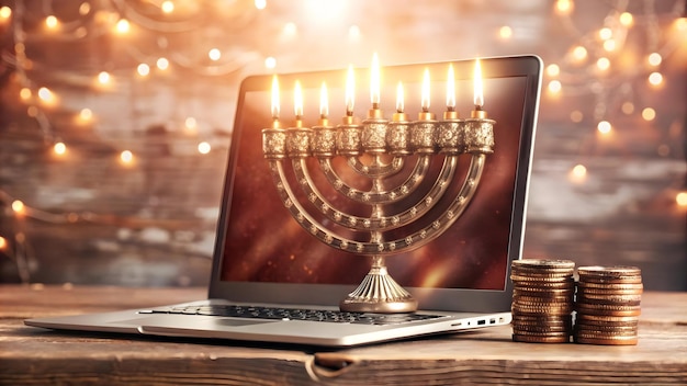 Photo 3d glossy laptop with holographic hanukkah coins and menorah on screen ideal for holiday ecommerce