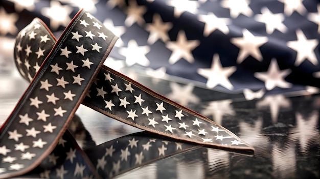 Photo 3d glossy military ribbon over a reflective star spangled background concept as a symbolic backgroun