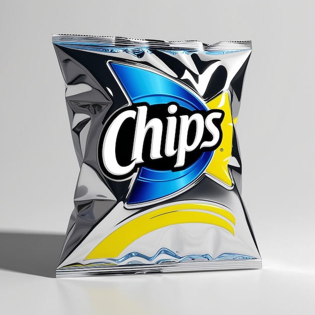 Photo 3d glossy plastic chips packet mockup with realistic textures and vibrant colors