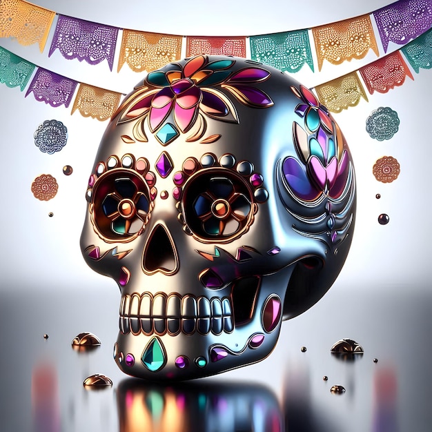 Photo 3d glossy sugar skull with reflective papel picado concept as a mid shot of a glossy sugar skull wit