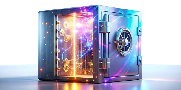 3D Glowing Abstract Digital Safe Icon Holographic Elements Vibrant Light Effects for Financial S