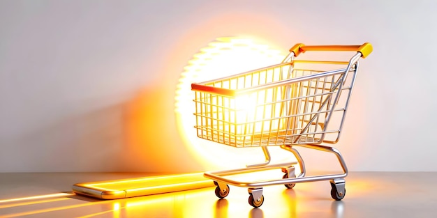 Photo 3d glowing abstract product with floating shopping cart for cyber monday tech sales radiant digita